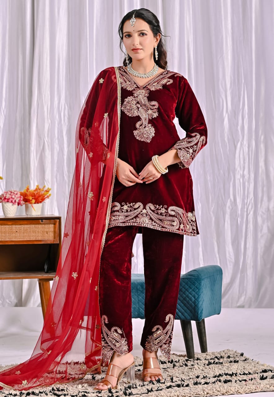 Maroon Velvet Readymade Pant Style Suit 320445