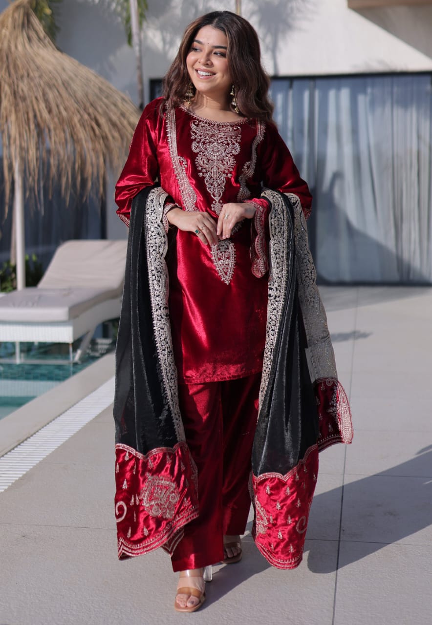 Maroon Velvet Readymade Pant Style Suit 322464