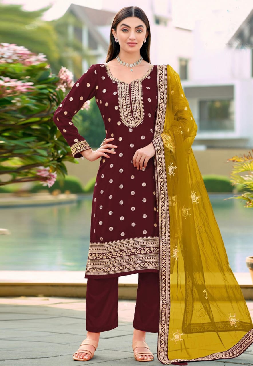 Maroon Viscose Jacquard Readymade Pant Style Suit 322209