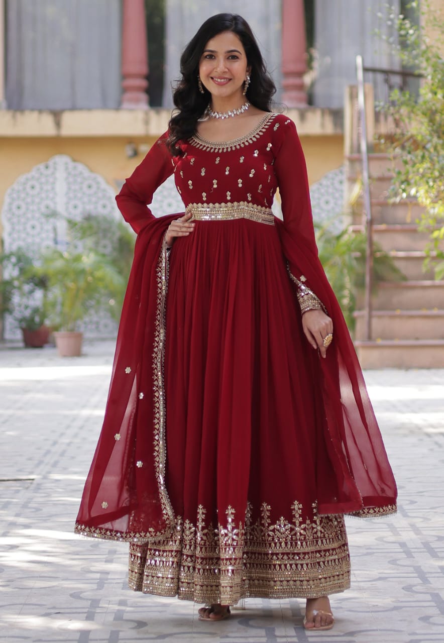 Maroon Faux Georgette Readymade Anarkali Suit 305885