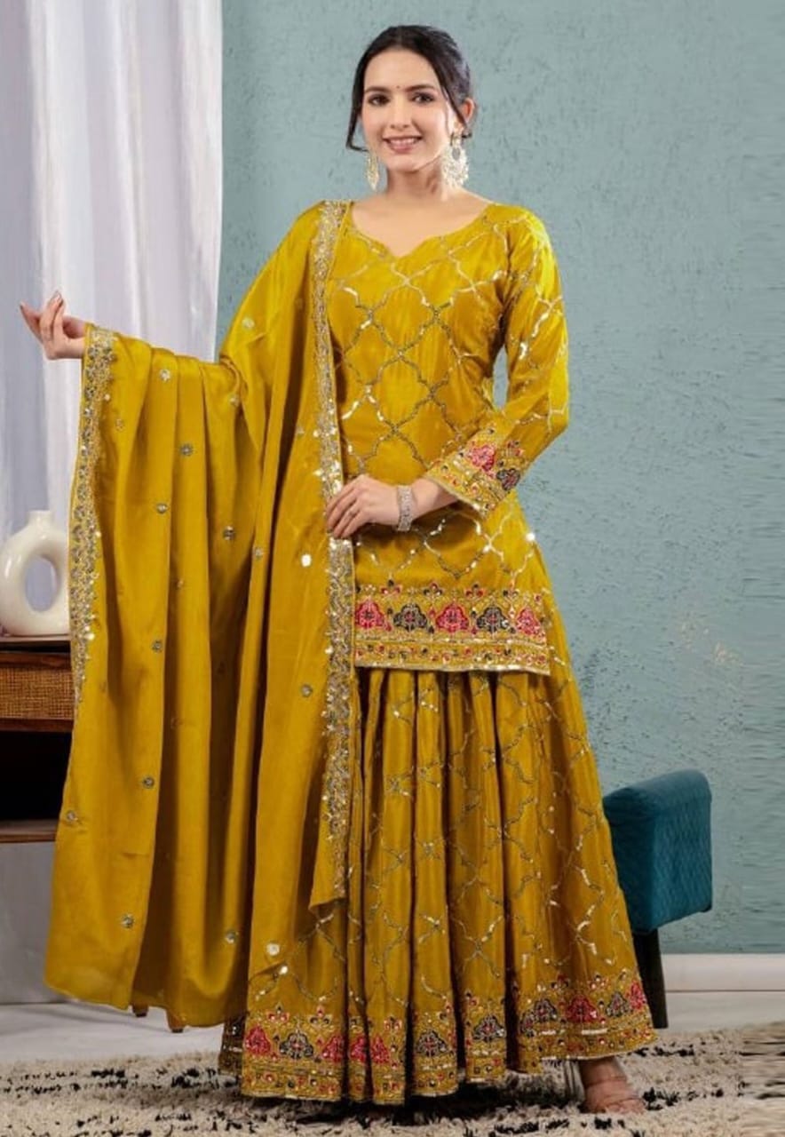 Mustard Chinon Silk Readymade Sharara Suit 313873