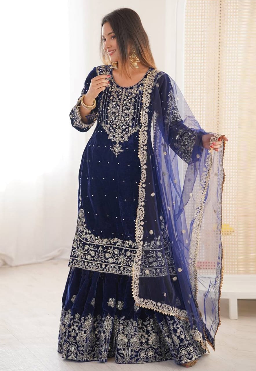 Navy Blue Velvet Readymade Gharara Suit 321548