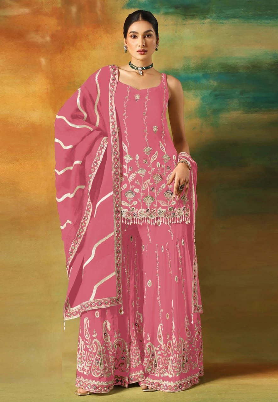 Pink Faux Georgette Palazzo Suit 315458