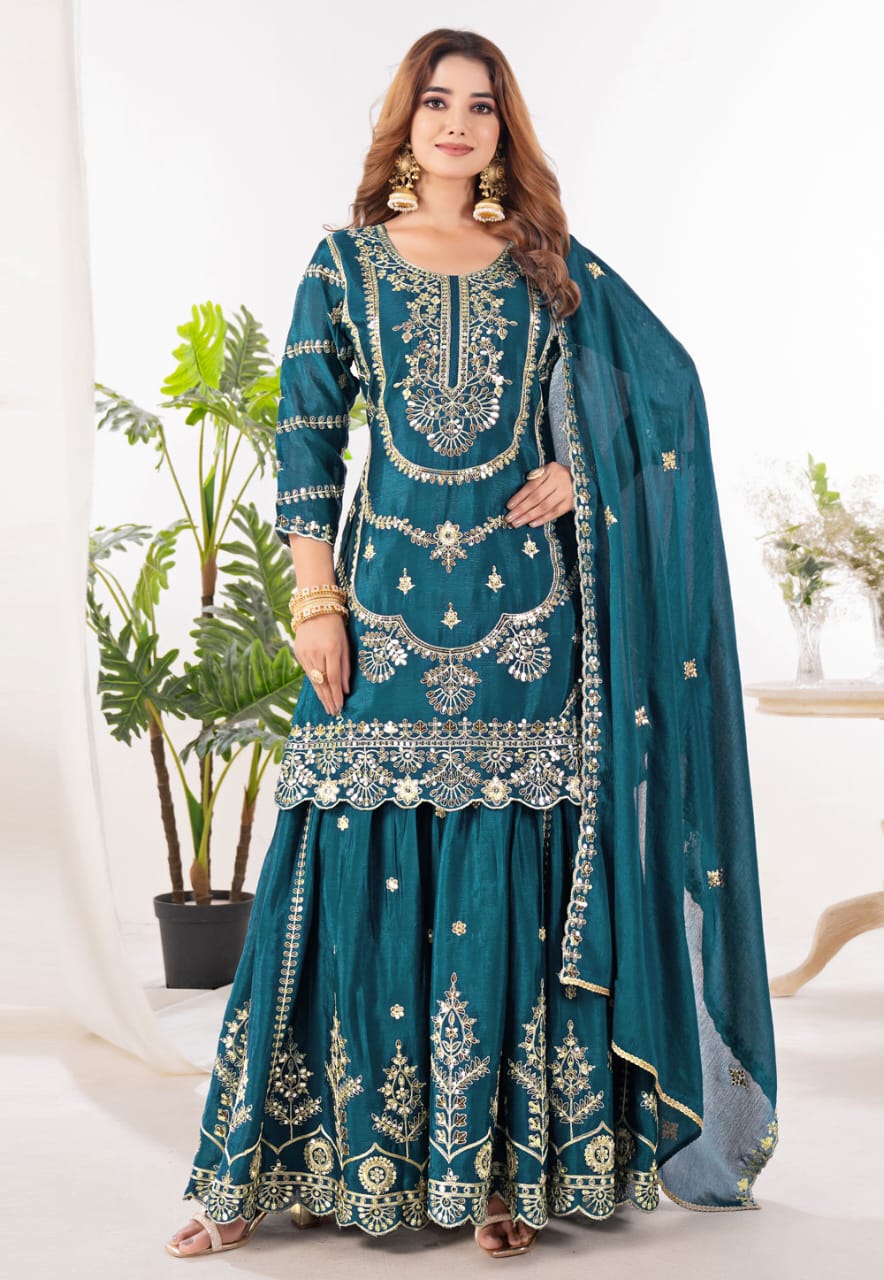 Teal Chinon Silk Readymade Sharara Suit 313630