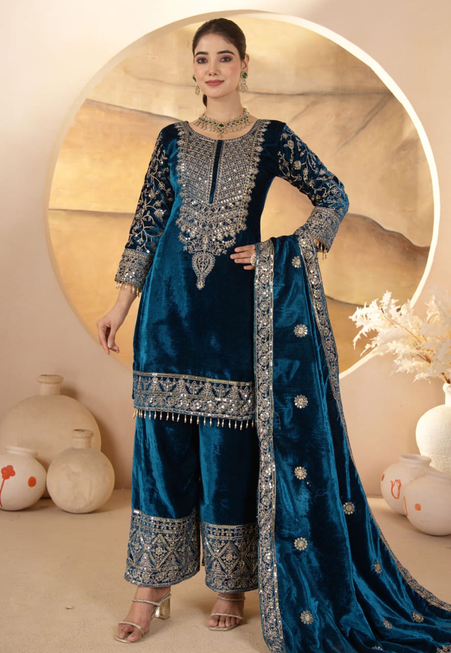 Teal Viscose Readymade Palazzo Suit 319119